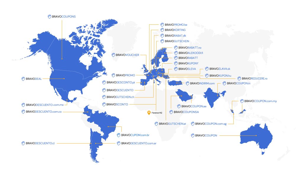 Map of countries where Bravo Savings Network has a site, with Florence indicated as the headquarters location