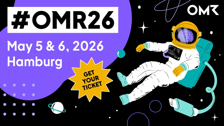 OMR Festival, Hamburg, Germany, May 2026: astronaut in the blackness of space with white stars and planets