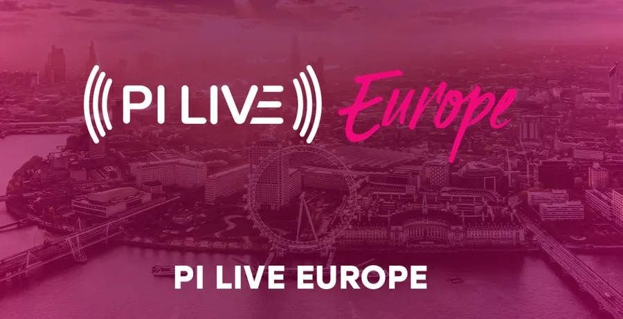 Pi Live Europe event – white text on a pink London background