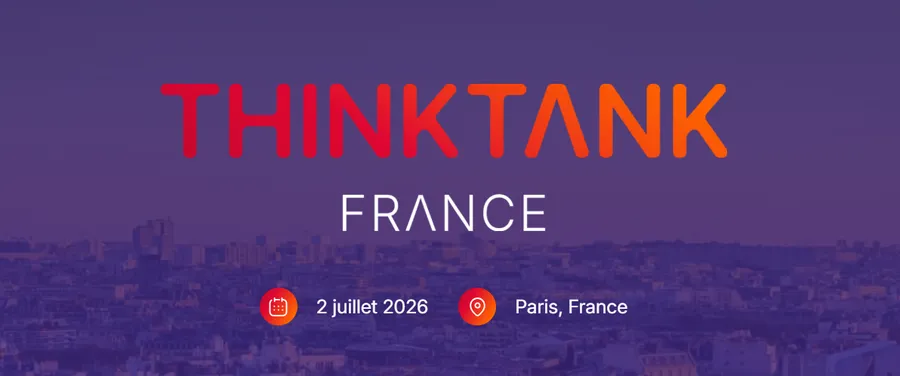 Think Tank event, orange text on a purple background, Paris, France