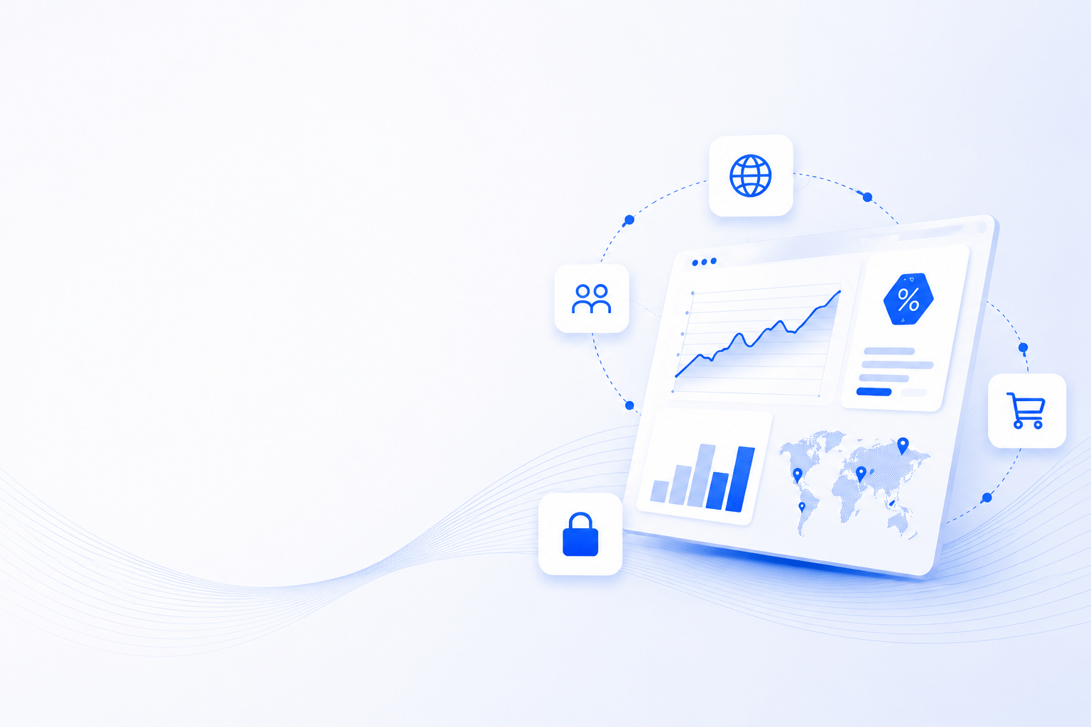 Illustration of a digital affiliate marketing dashboard with analytics and partnership icons