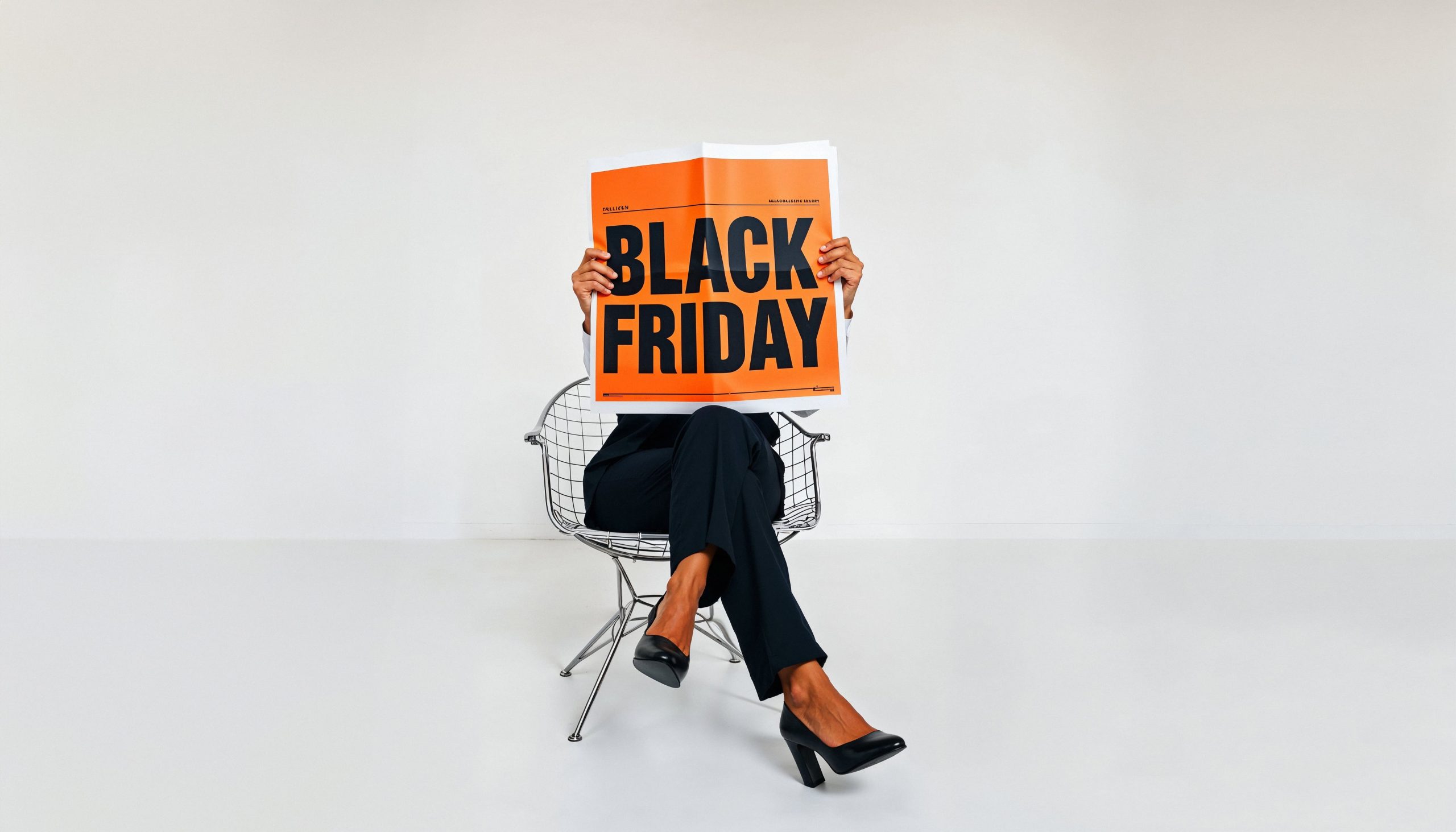A woman dressed in a white shirt and black trousers is sitting on a chair, holding a newspaper over her face that reads "Black Friday" in yellow and black.