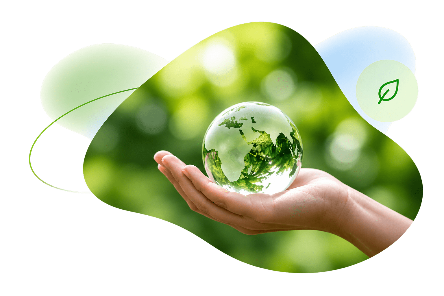 A hand holding a sphere depicting the states of the world against a green background.