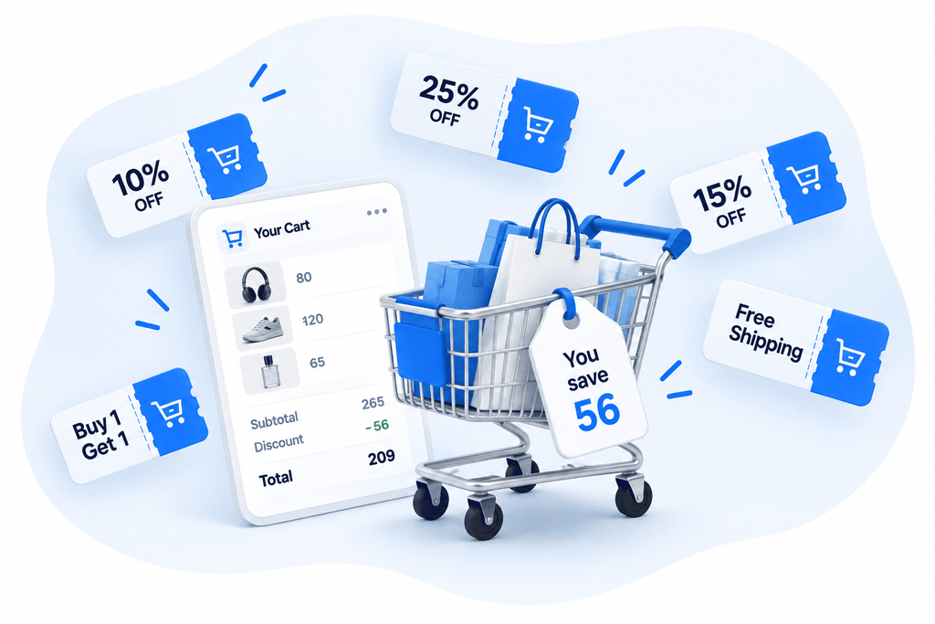 Shopping cart with bags and discount coupons around it