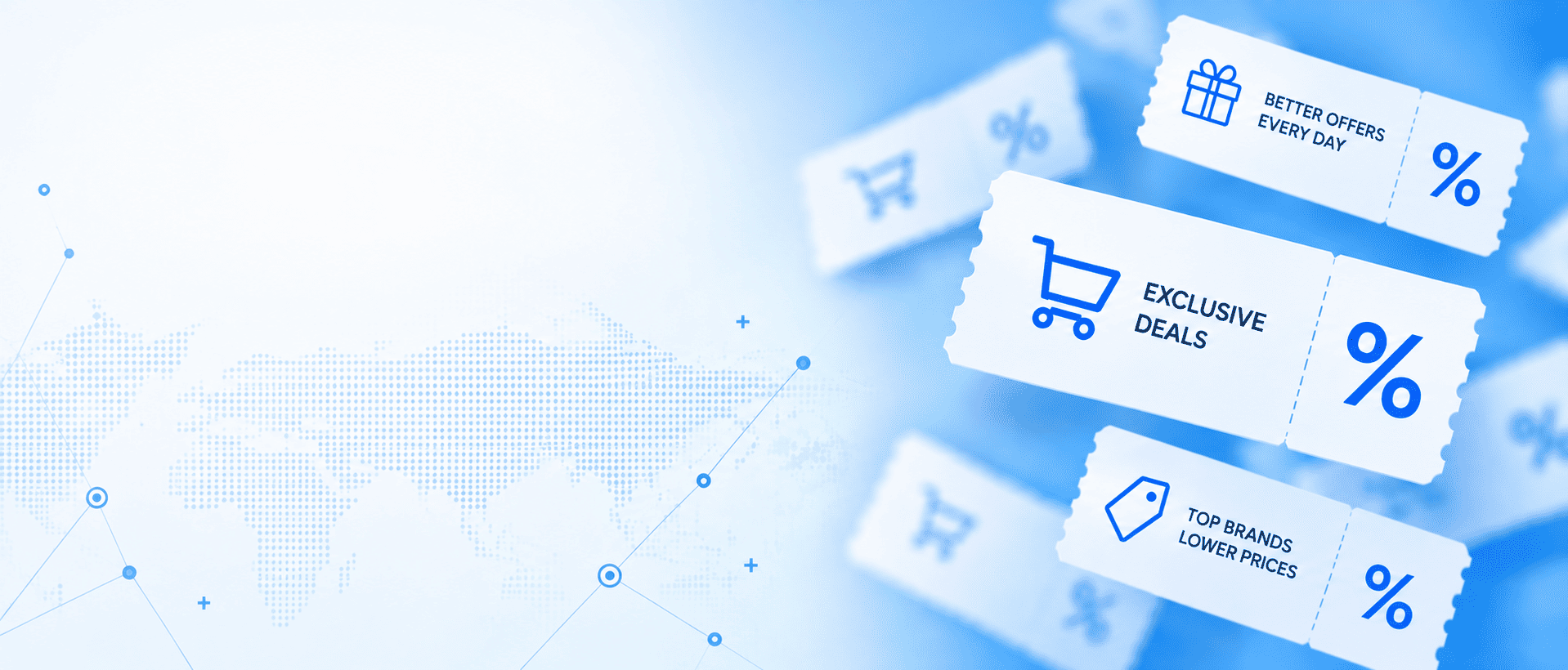 Light blue background with a white coupon featuring daily offers, exclusive deals, and top brands at lower prices.