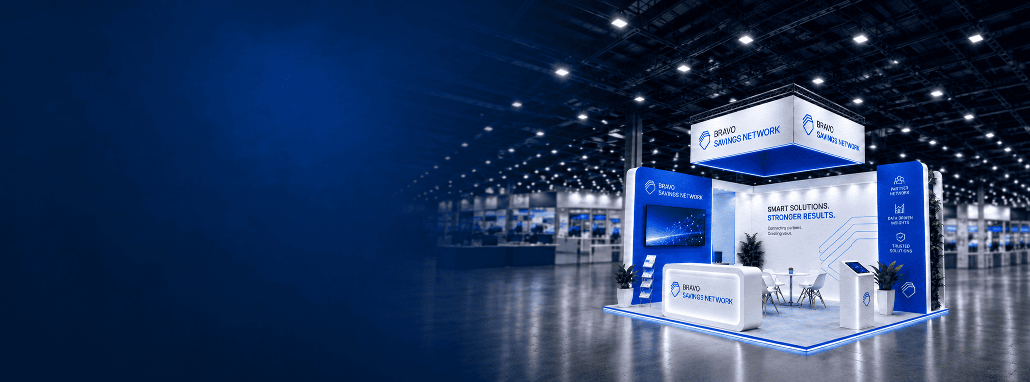 Bravo Savings Network stand: white and blue at trade fairs