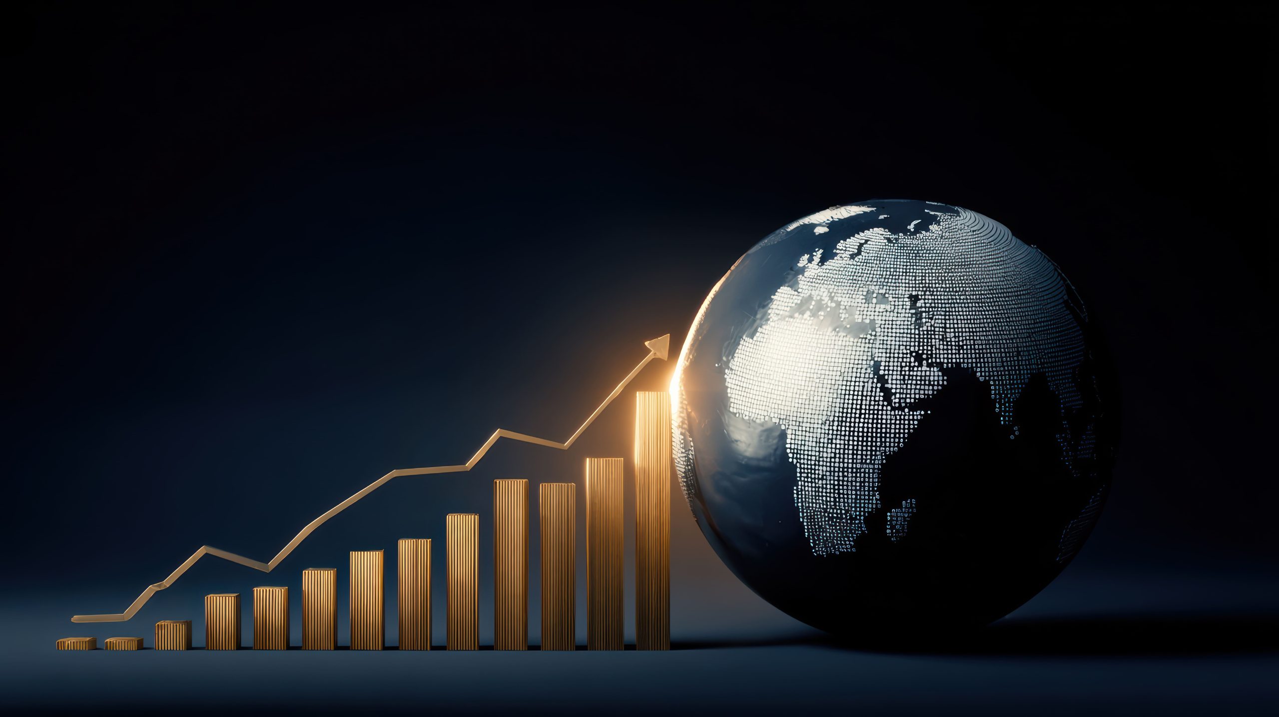 A globe with business growth indicated by a gold arrow to the side.