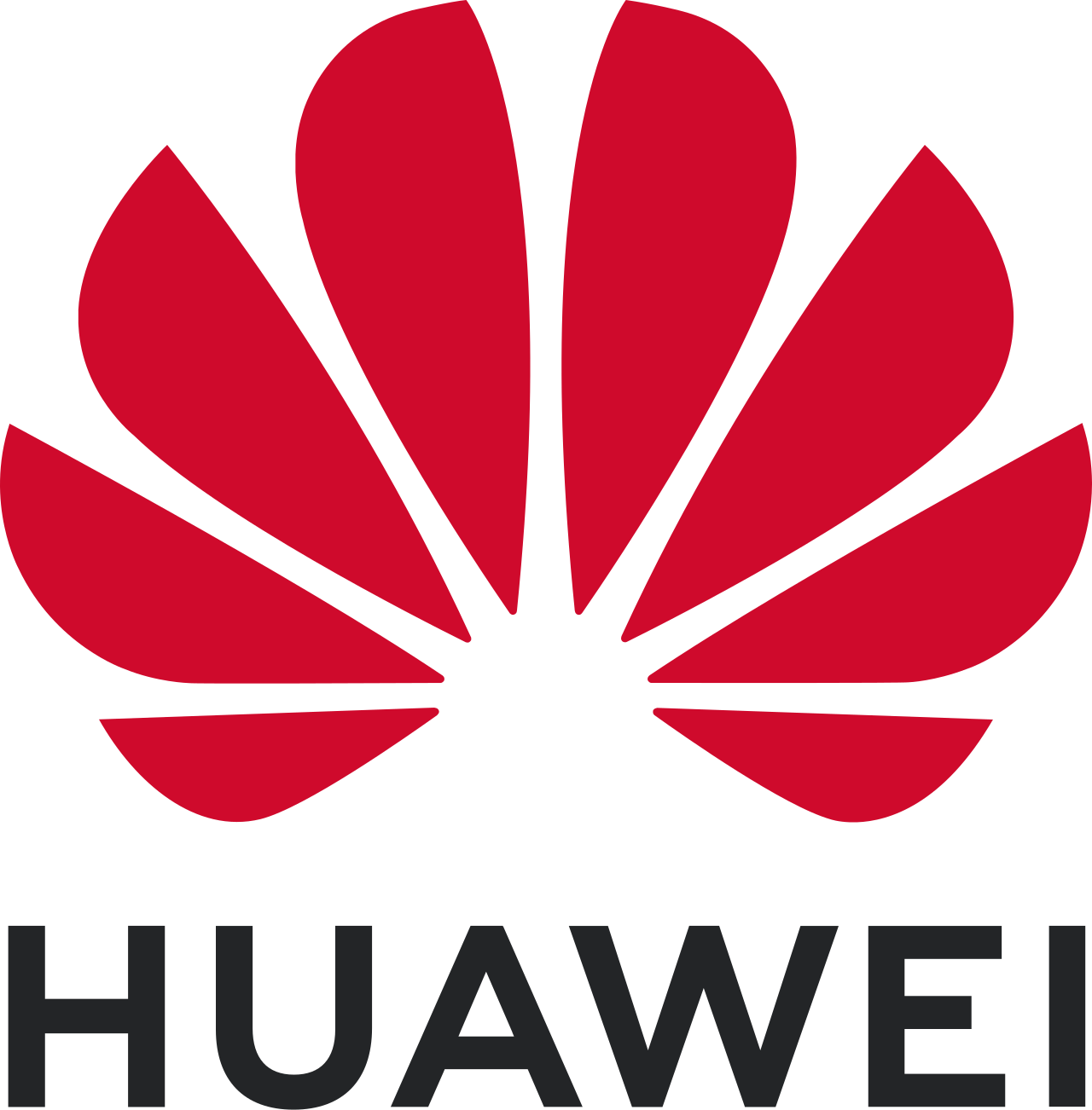 Huawei logo with black lettering and the red petals of a stylized flower above it