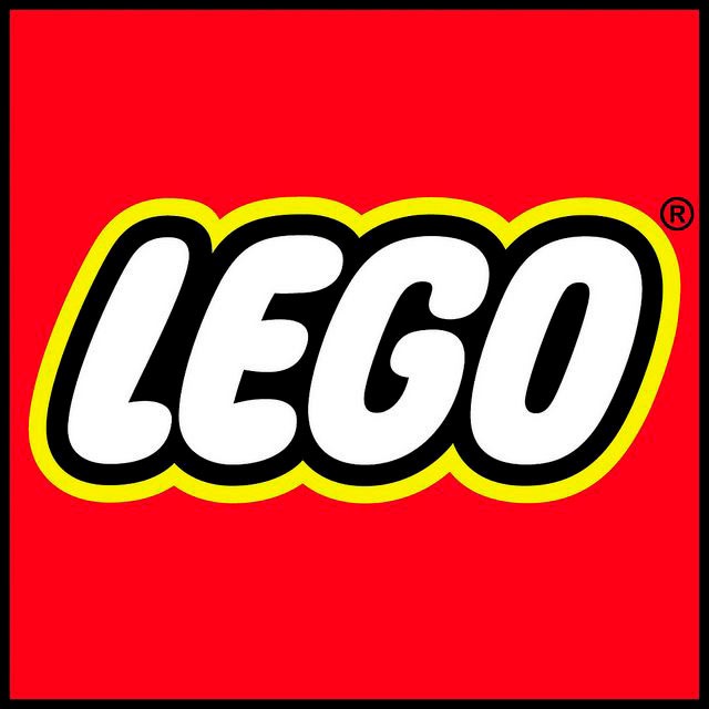 LEGO logo with black, white, and yellow lettering on a red background inside a square.