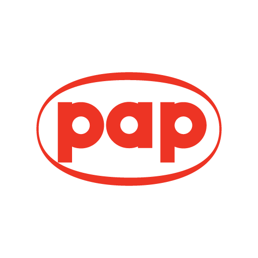 PAP logo, red lettering on a white background