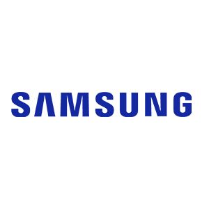Samsung logo with blue text on a white background