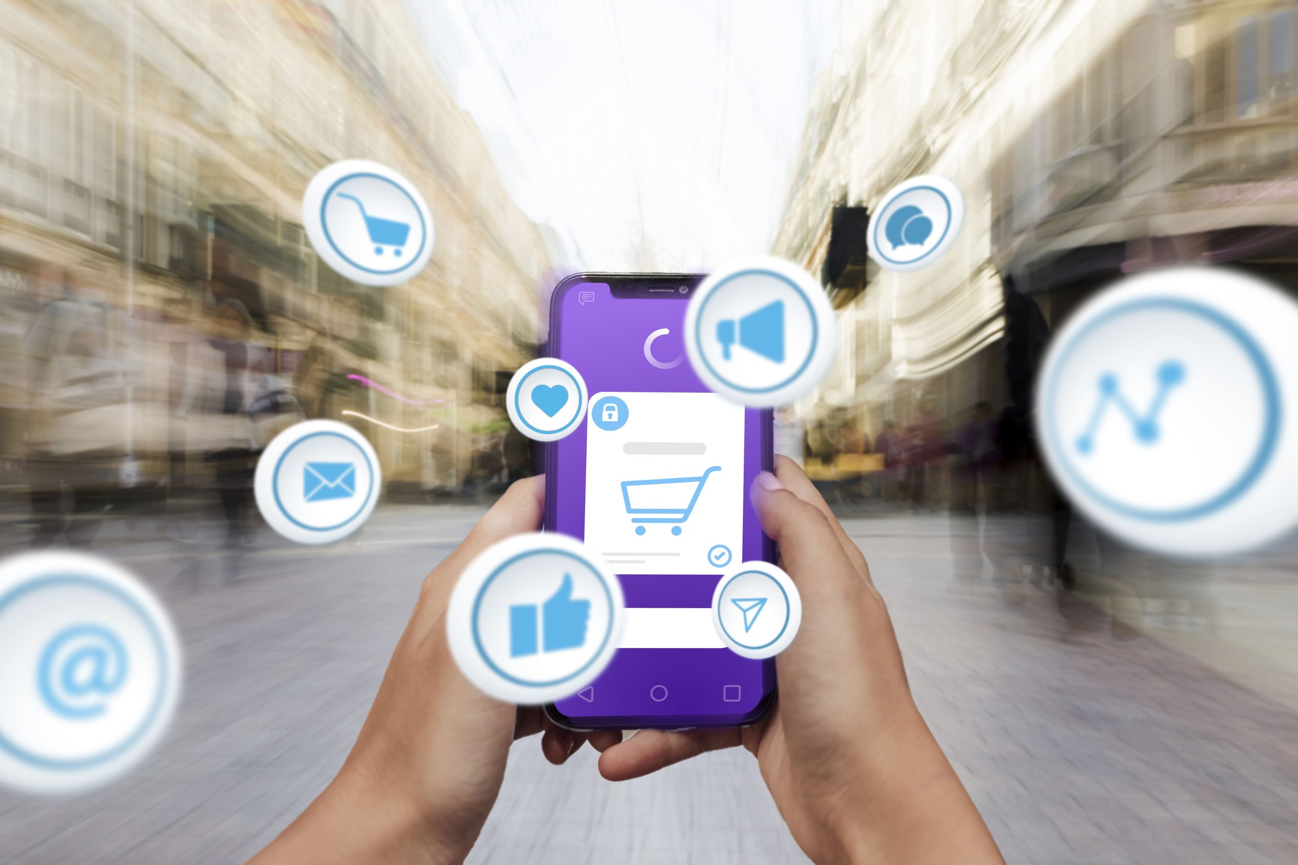 mobile phone with a purple background and a shopping cart