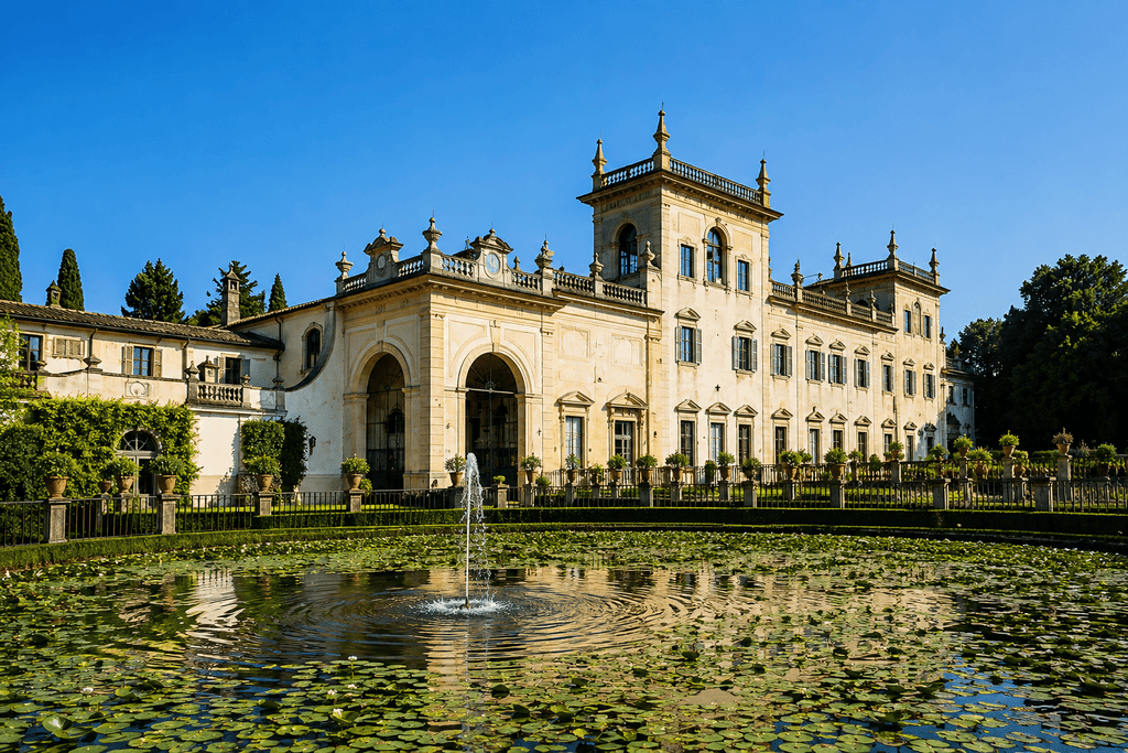Photo of the historic Villa Corsi Salviati, featuring the water lily fountain in the foreground